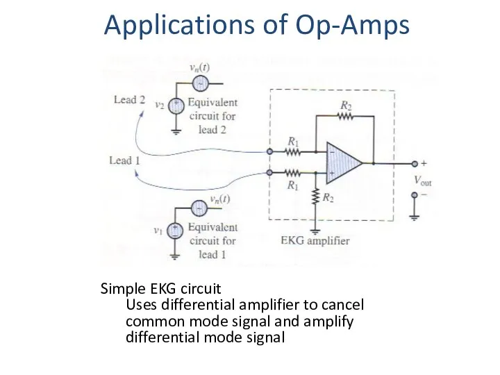 Applications of Op-Amps Simple EKG circuit Uses differential amplifier to cancel