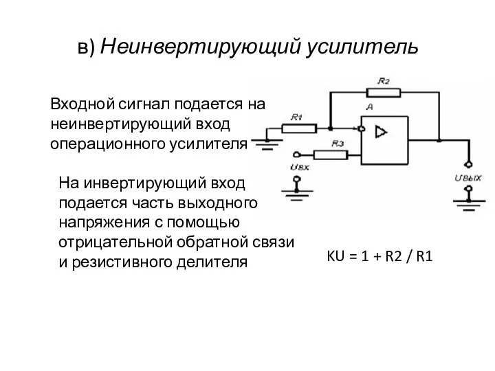 в) Неинвертирующий усилитель Входной сигнал подается на неинвертирующий вход операционного усилителя