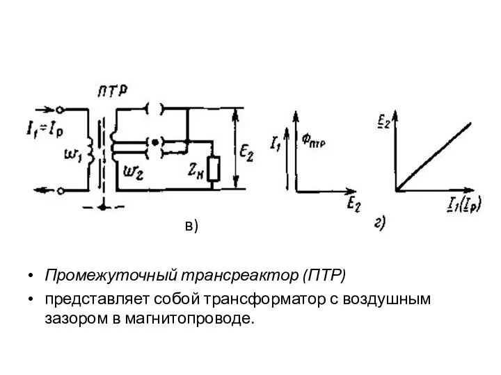 Промежуточный трансреактор (ПТР) представляет собой трансформатор с воздушным зазором в магнитопроводе. в)