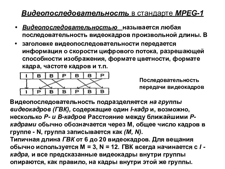 Видеопоследовательность в стандарте MPEG-1 Видеопоследовательностью называется любая последовательность видеокадров произвольной длины.