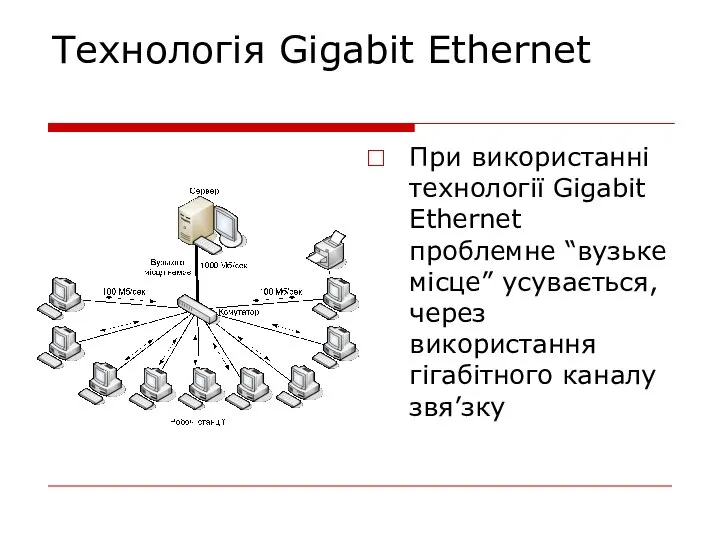 Технологія Gigabit Ethernet При використанні технології Gigabit Ethernet проблемне “вузьке місце”