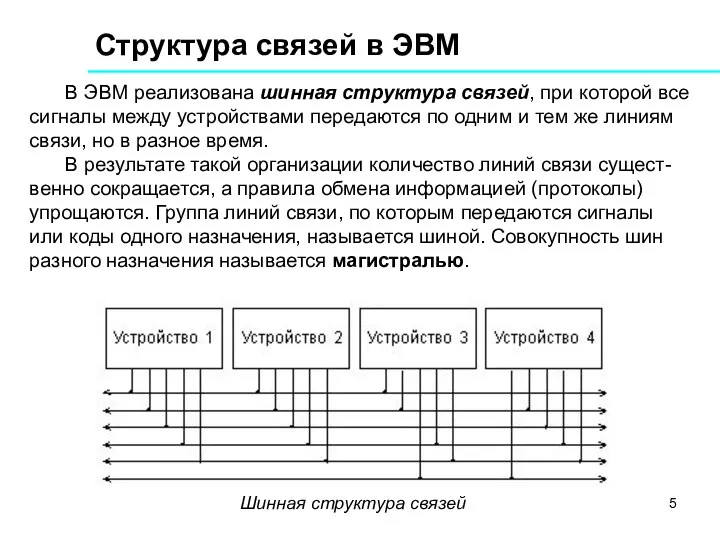 Структура связей в ЭВМ В ЭВМ реализована шинная структура связей, при