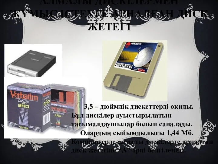 АЛМАЛЫ ДИСКІЛЕРМЕН ЖҰМЫС ІСТЕУГЕ АРНАЛҒАН ДИСК ЖЕТЕГІ 3,5 – дюймдік дискеттерді