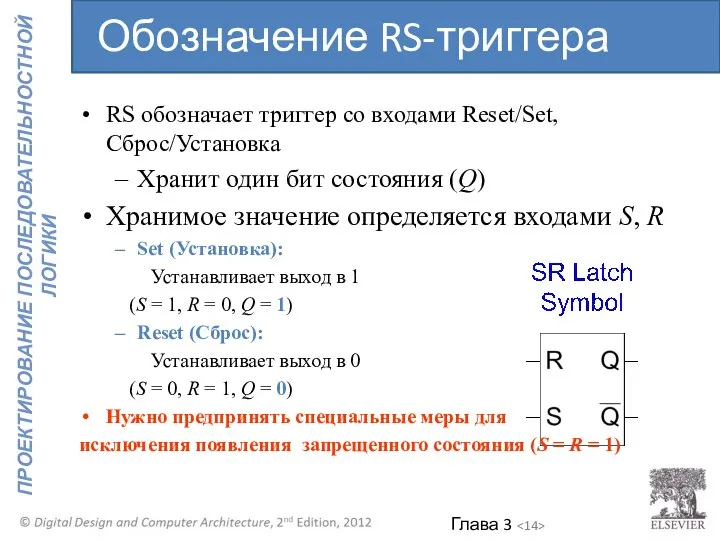 RS обозначает триггер со входами Reset/Set, Сброс/Установка Хранит один бит состояния