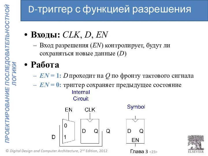 Входы: CLK, D, EN Вход разрешения (EN) контролирует, будут ли сохраняться