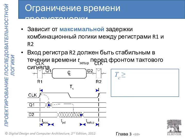 Зависит от максимальной задержки комбинационный логики между регистрами R1 и R2