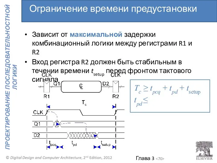 Зависит от максимальной задержки комбинационный логики между регистрами R1 и R2