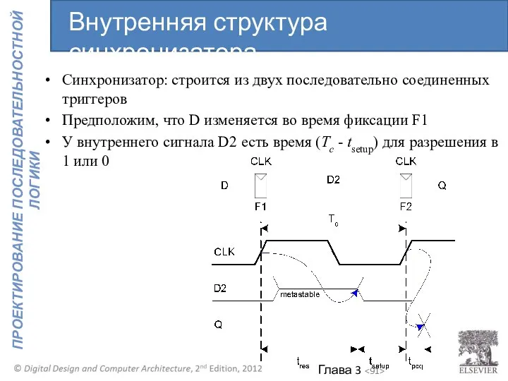 Синхронизатор: строится из двух последовательно соединенных триггеров Предположим, что D изменяется