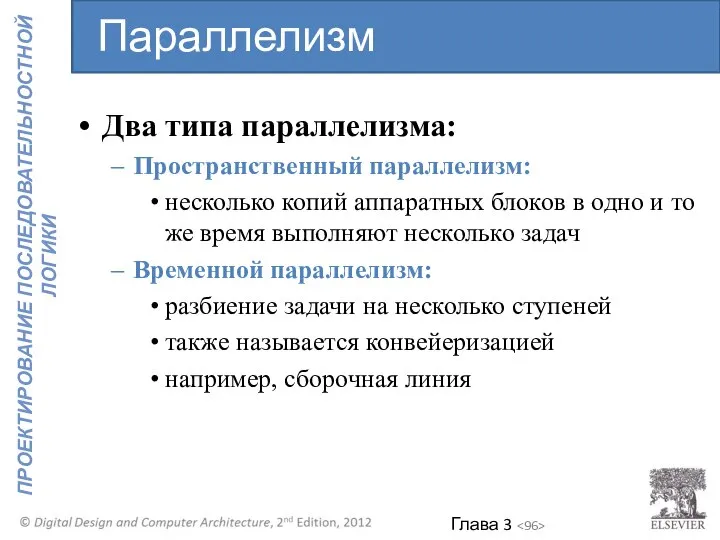 Два типа параллелизма: Пространственный параллелизм: несколько копий аппаратных блоков в одно