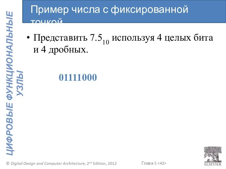 Представить 7.510 используя 4 целых бита и 4 дробных. 01111000 Пример числа с фиксированной точкой