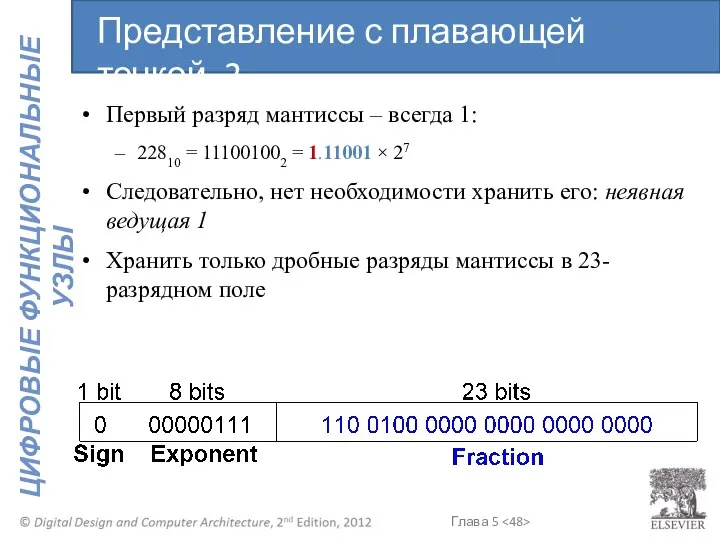 Первый разряд мантиссы – всегда 1: 22810 = 111001002 = 1.11001