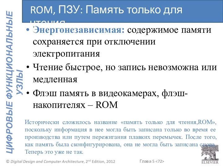 Энергонезависимая: содержимое памяти сохраняется при отключении электропитания Чтение быстрое, но запись