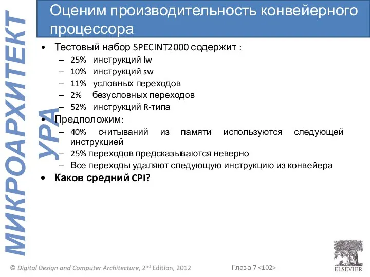 Тестовый набор SPECINT2000 содержит : 25% инструкций lw 10% инструкций sw