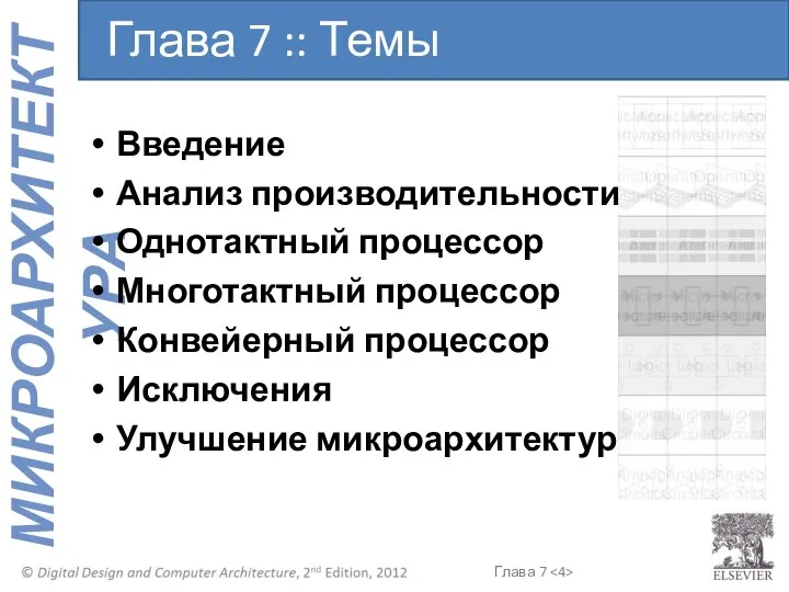 Глава 7 :: Темы Введение Анализ производительности Однотактный процессор Многотактный процессор Конвейерный процессор Исключения Улучшение микроархитектуры