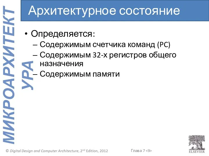 Определяется: Содержимым счетчика команд (PC) Содержимым 32-х регистров общего назначения Содержимым памяти Архитектурное состояние