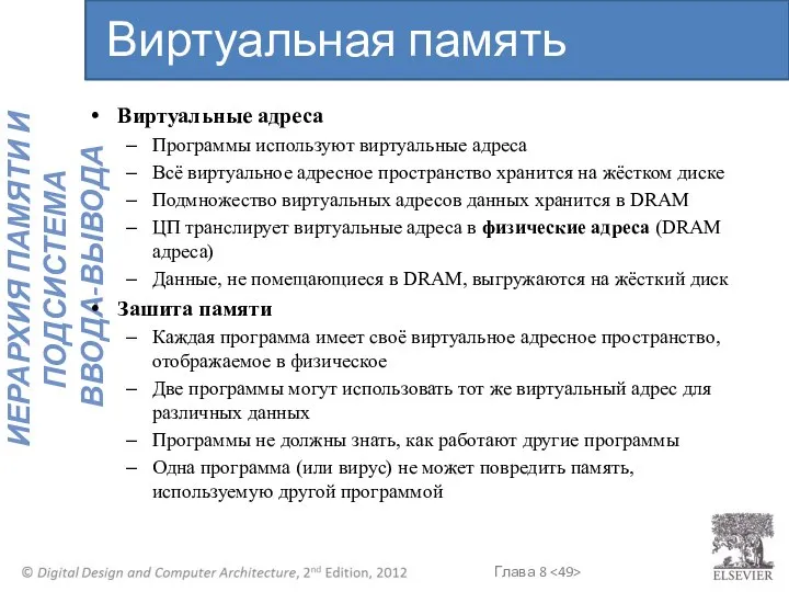 Виртуальные адреса Программы используют виртуальные адреса Всё виртуальное адресное пространство хранится