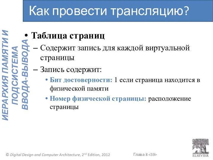 Таблица страниц Содержит запись для каждой виртуальной страницы Запись содержит: Бит