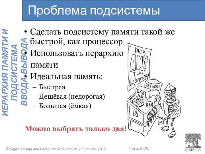 Сделать подсистему памяти такой же быстрой, как процессор Использовать иерархию памяти