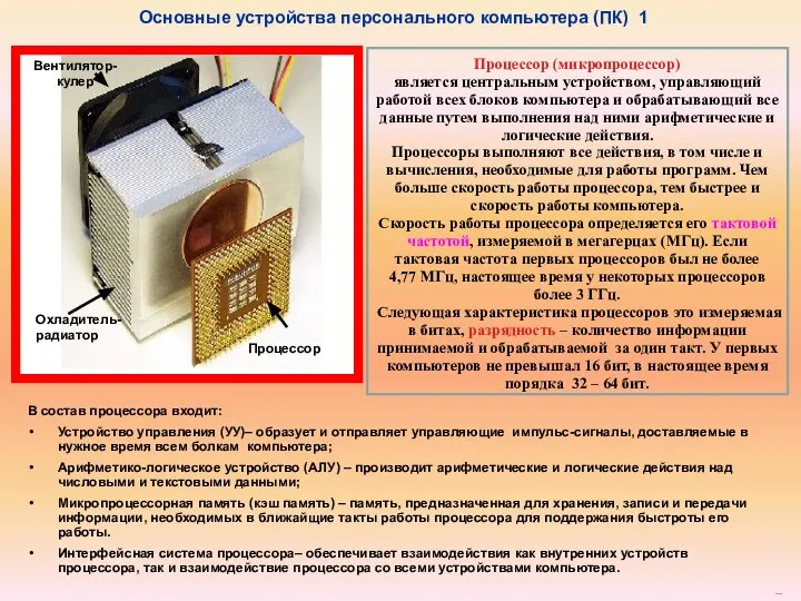 Процессор (микропроцессор) является центральным устройством, управляющий работой всех блоков компьютера и