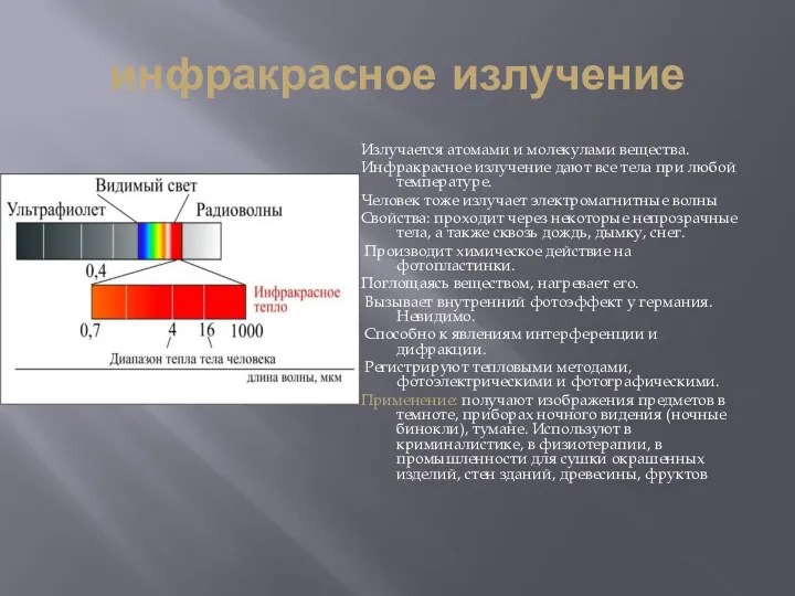 инфракрасное излучение Излучается атомами и молекулами вещества. Инфракрасное излучение дают все