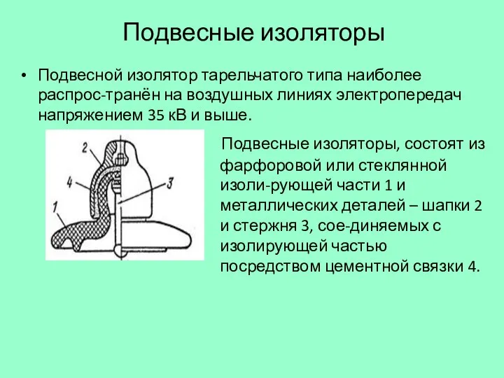 Подвесные изоляторы Подвесной изолятор тарельчатого типа наиболее распрос-транён на воздушных линиях