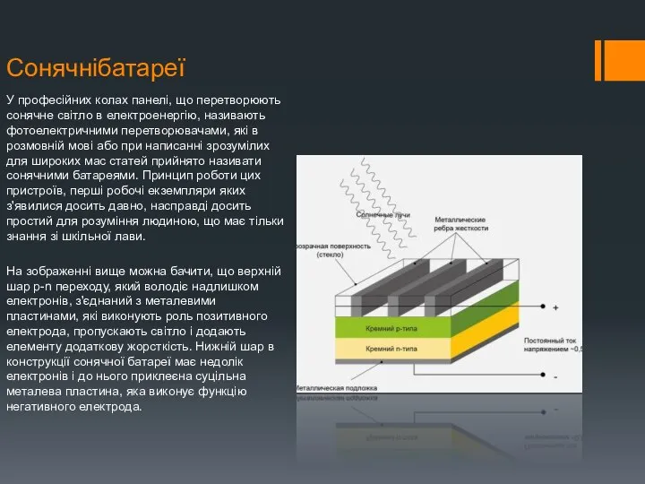 Сонячнібатареї У професійних колах панелі, що перетворюють сонячне світло в електроенергію,