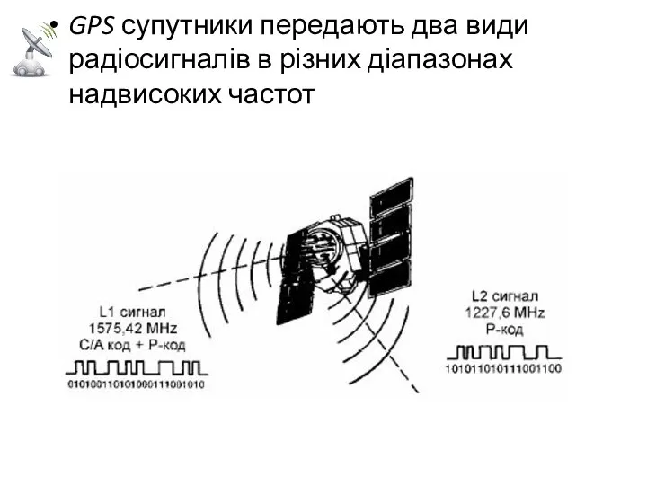 GPS супутники передають два види радіосигналів в різних діапазонах надвисоких частот