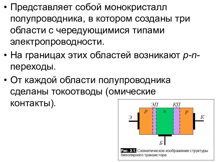 Представляет собой монокристалл полупроводника, в котором созданы три области с чередующимися