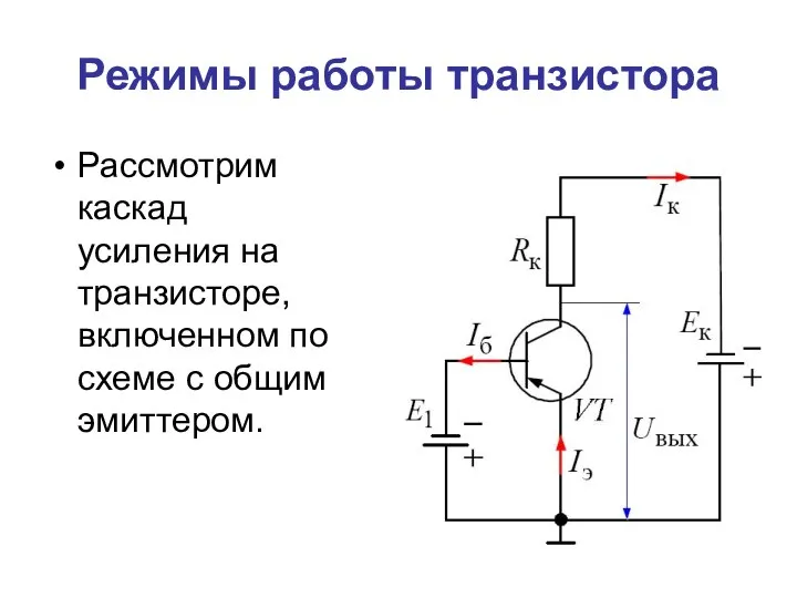 Режимы работы транзистора Рассмотрим каскад усиления на транзисторе, включенном по схеме с общим эмиттером.