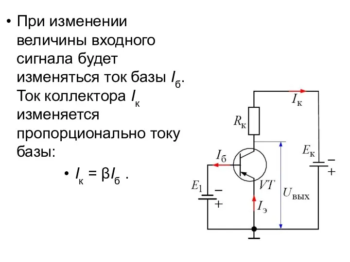 При изменении величины входного сигнала будет изменяться ток базы Iб. Ток