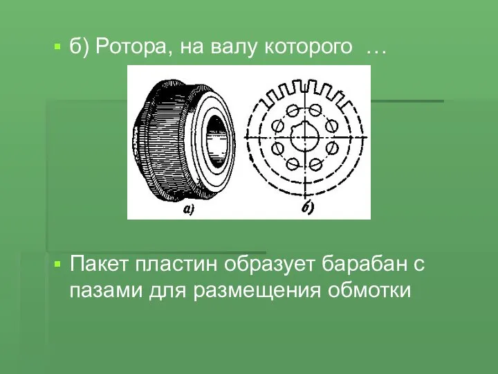 б) Ротора, на валу которого … Пакет пластин образует барабан с пазами для размещения обмотки