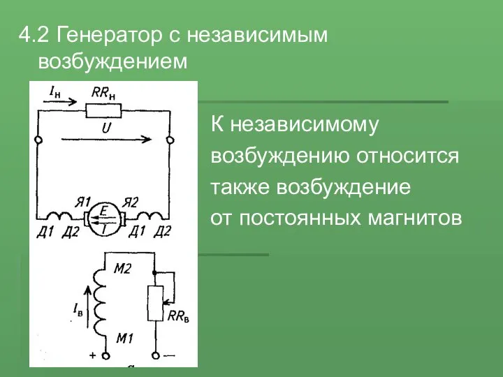 4.2 Генератор с независимым возбуждением К независимому возбуждению относится также возбуждение от постоянных магнитов