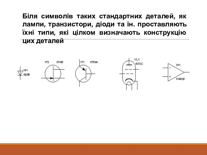 Біля символів таких стандартних деталей, як лампи, транзистори, діоди та ін.