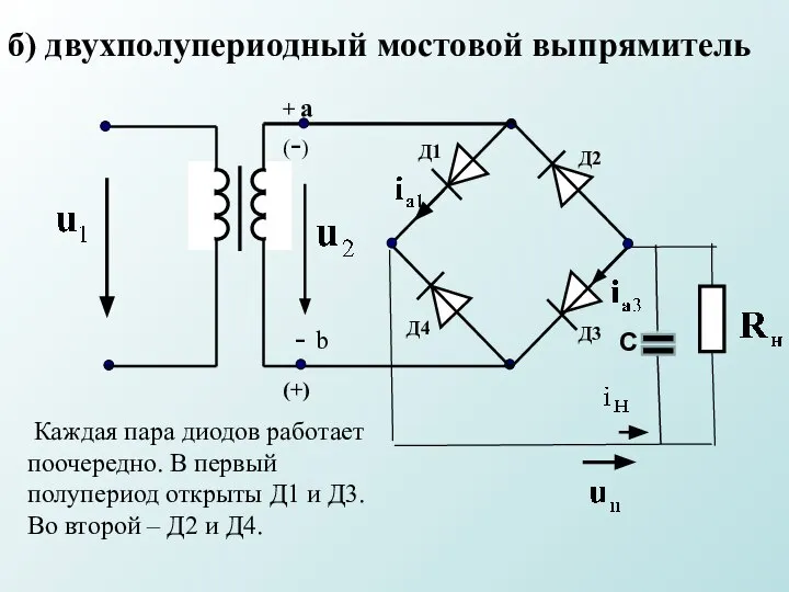 б) двухполупериодный мостовой выпрямитель С Каждая пара диодов работает поочередно. В