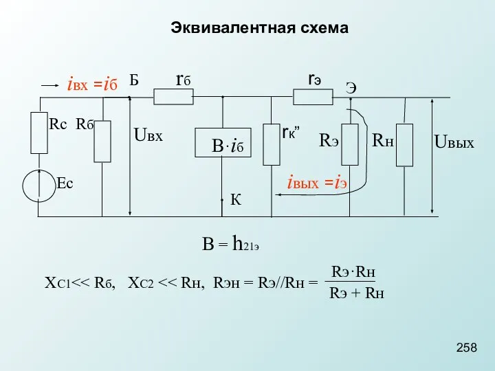 258 Эквивалентная схема Б rб B·iб Rc Rб Uвх rк” rэ