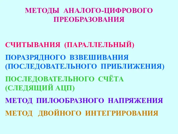 МЕТОДЫ АНАЛОГО-ЦИФРОВОГО ПРЕОБРАЗОВАНИЯ СЧИТЫВАНИЯ (ПАРАЛЛЕЛЬНЫЙ) ПОРАЗРЯДНОГО ВЗВЕШИВАНИЯ (ПОСЛЕДОВАТЕЛЬНОГО ПРИБЛИЖЕНИЯ) ПОСЛЕДОВАТЕЛЬНОГО СЧЁТА