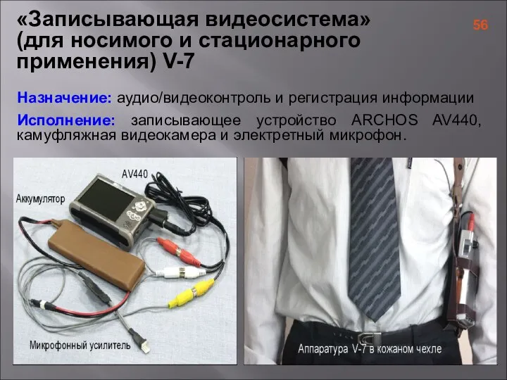 «Записывающая видеосистема» (для носимого и стационарного применения) V-7 Назначение: аудио/видеоконтроль и