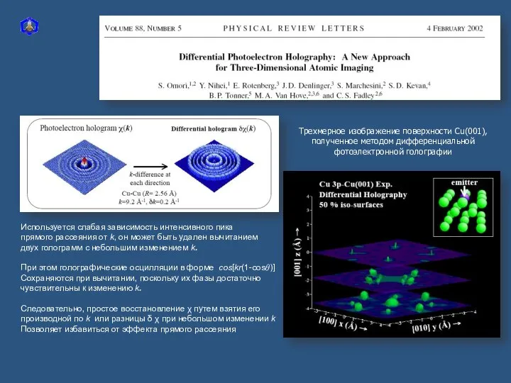 Трехмерное изображение поверхности Cu(001), полученное методом дифференциальной фотоэлектронной голографии Используется слабая
