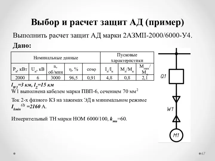 Выбор и расчет защит АД (пример) Выполнить расчет защит АД марки