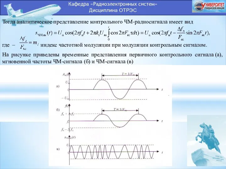 Кафедра «Радиоэлектронных систем» Дисциплина ОТРЭС Тогда аналитическое представление контрольного ЧМ-радиосигнала имеет