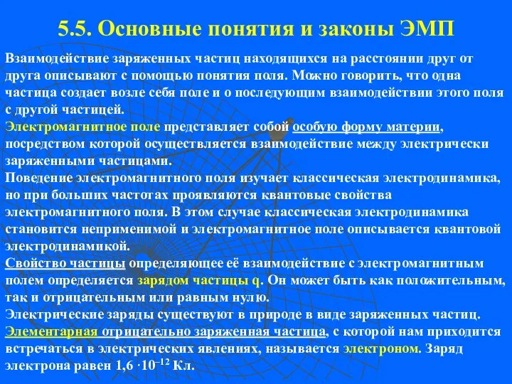 5.5. Основные понятия и законы ЭМП Взаимодействие заряженных частиц находящихся на