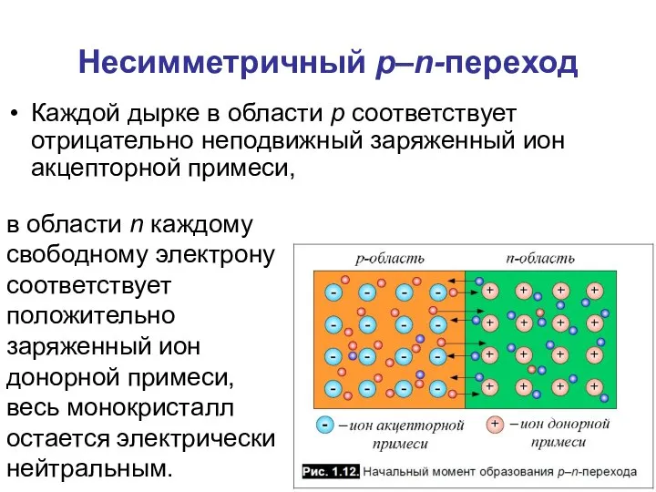 Несимметричный p–n-переход Каждой дырке в области p соответствует отрицательно неподвижный заряженный