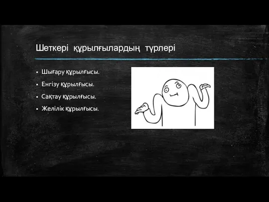 Шеткері құрылғылардың түрлері Шығару құрылғысы. Енгізу құрылғысы. Сақтау құрылғысы. Желілік құрылғысы.