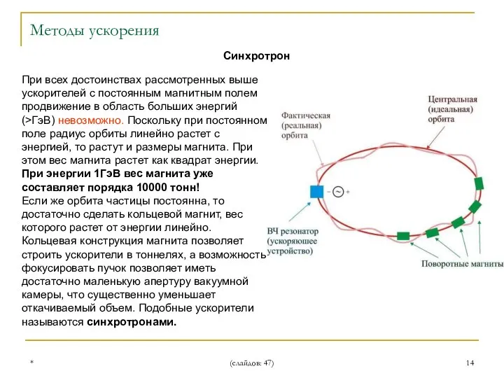 * (слайдов: 47) Синхротрон При всех достоинствах рассмотренных выше ускорителей с