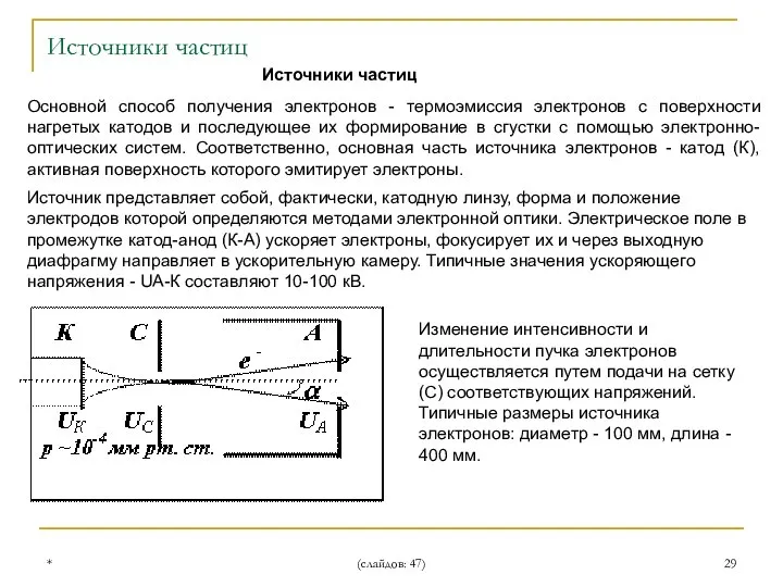 * (слайдов: 47) Источники частиц Источники частиц Основной способ получения электронов