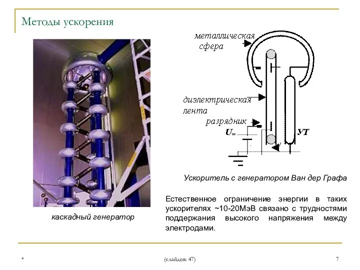 * (слайдов: 47) каскадный генератор Естественное ограничение энергии в таких ускорителях