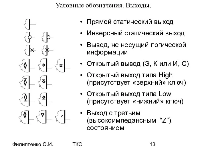 Филиппенко О.И. ТКС Условные обозначения. Выходы. Прямой статический выход Инверсный статический