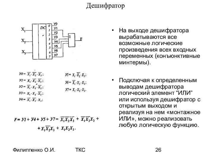 Филиппенко О.И. ТКС Дешифратор На выходе дешифратора вырабатываются все возможные логические