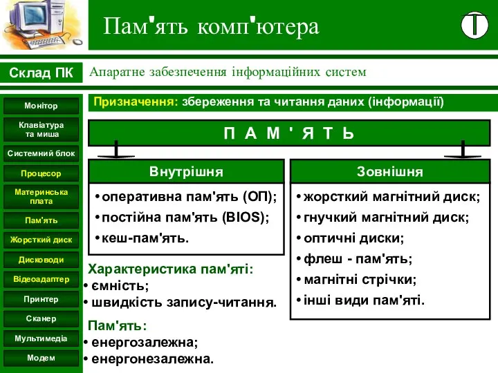 Пам'ять комп'ютера Призначення: збереження та читання даних (інформації) П А М