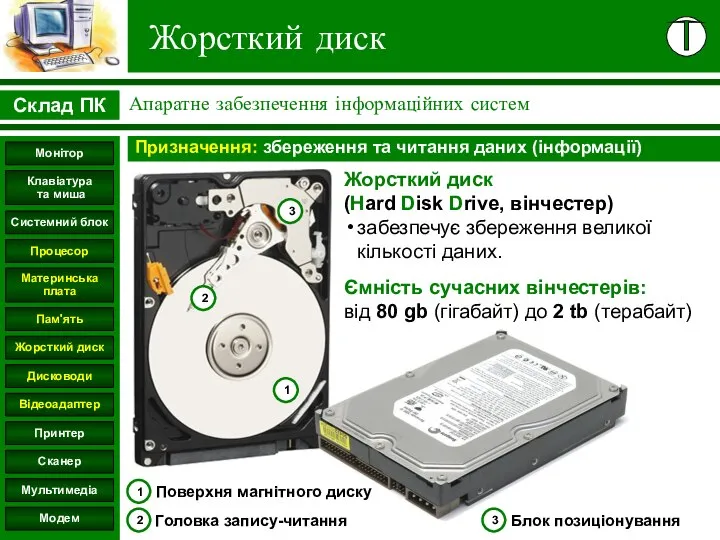 Жорсткий диск Жорсткий диск (Hard Disk Drive, вінчестер) забезпечує збереження великої